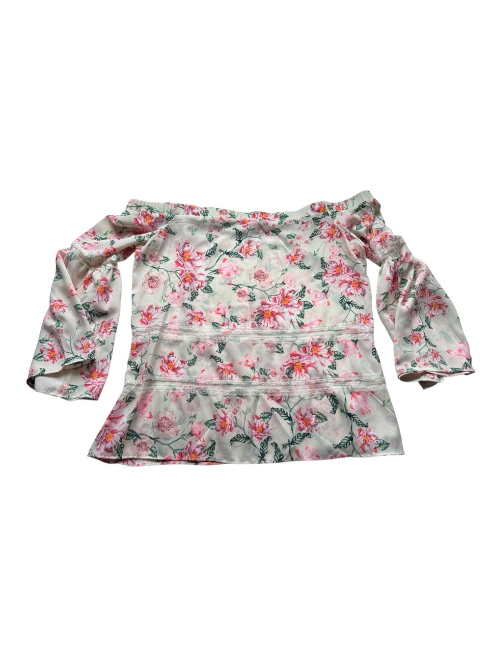 White Floral Lace Trim Blouse L Belle Sky